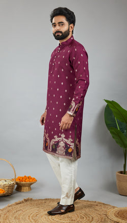 WINE ELEPHANT WITH KALAS PATTERN JACQUARD DESIGNER WHITE KURTA