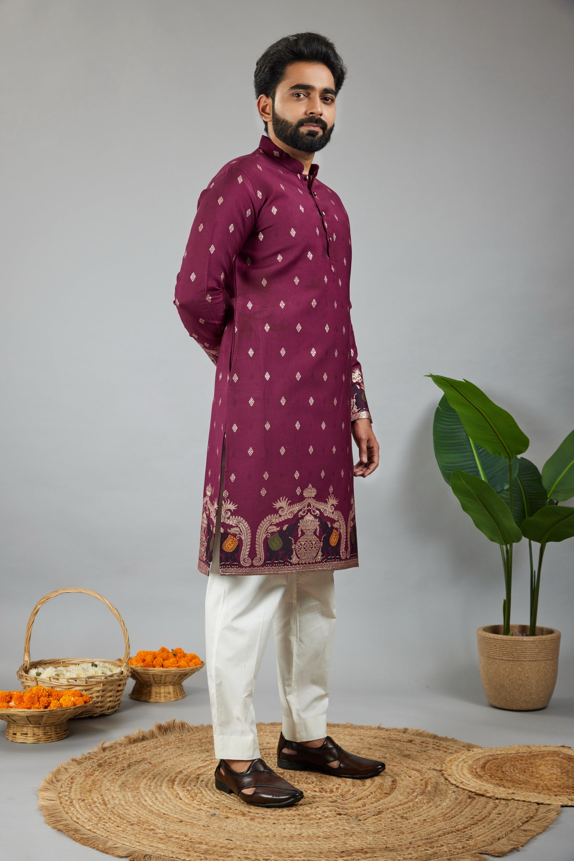 WINE ELEPHANT WITH KALAS PATTERN JACQUARD DESIGNER WHITE KURTA