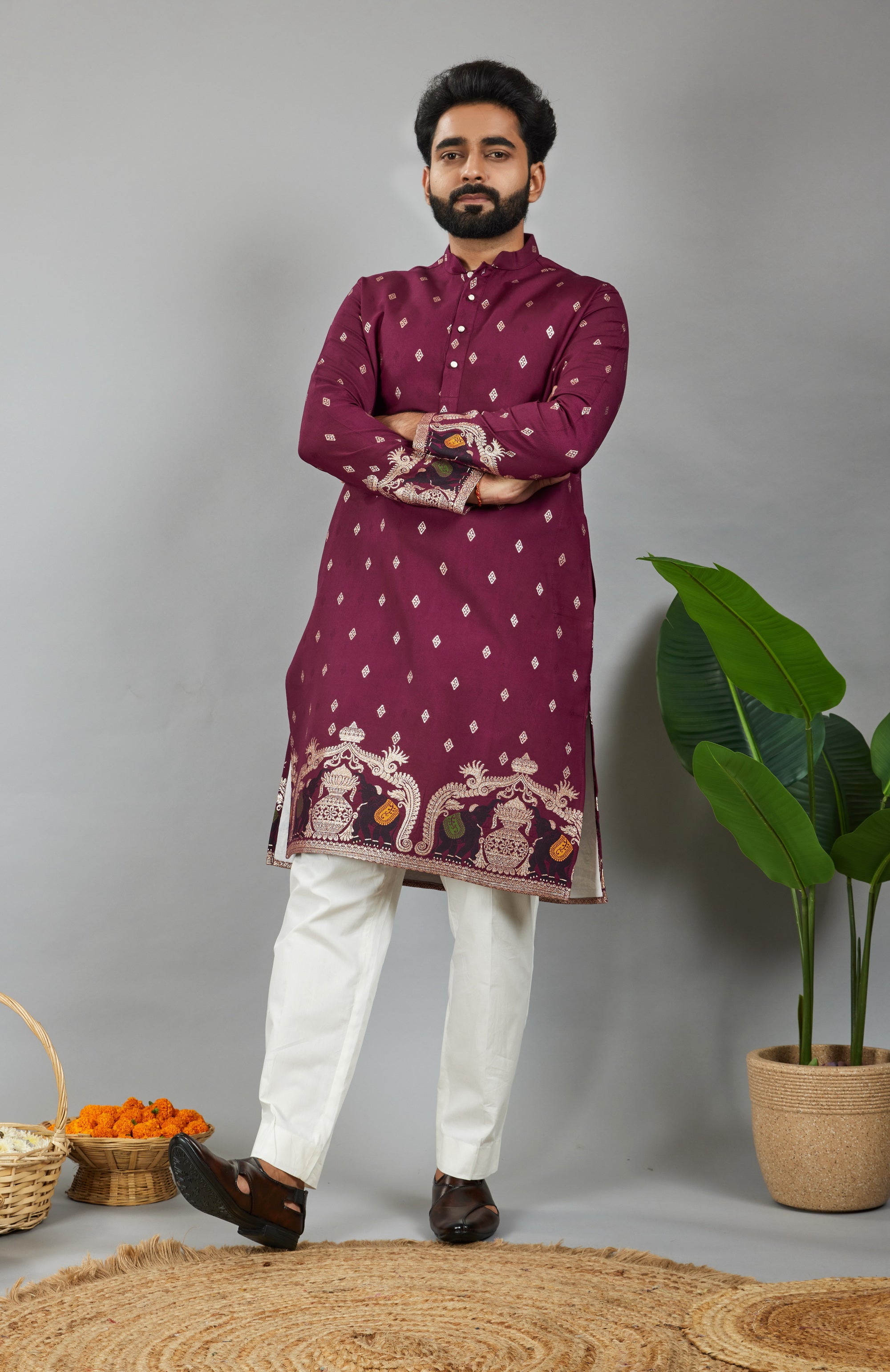 WINE ELEPHANT WITH KALAS PATTERN JACQUARD DESIGNER KURTA