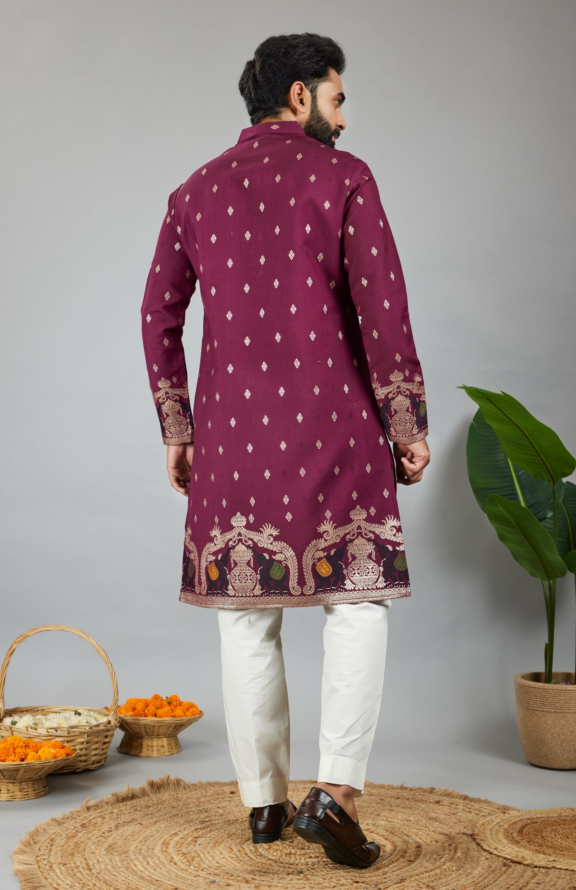 WINE ELEPHANT WITH KALAS PATTERN JACQUARD DESIGNER WHITE KURTA