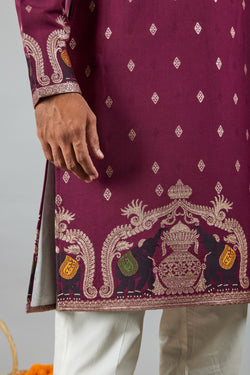 WINE ELEPHANT WITH KALAS PATTERN JACQUARD DESIGNER WHITE KURTA